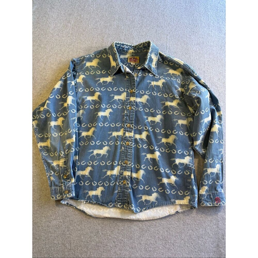 Barnfly western horse print cowgirl chambray denim top small